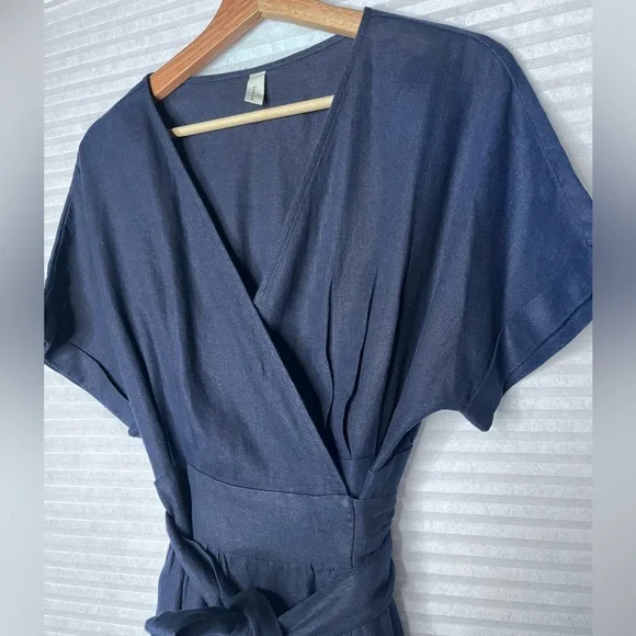 Grae Cove Frankie Linen Navy Blue Pocket V-neck Wrap Belted Midi Dress Large - Picture 8 of 10